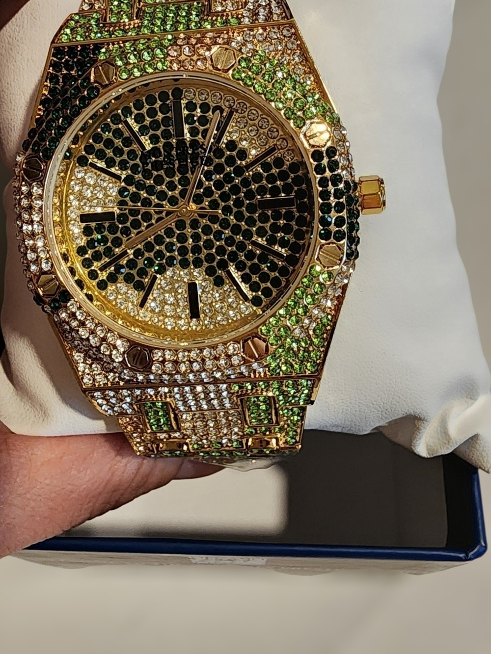 Goldtone Green & Black Crystal Pave Watch